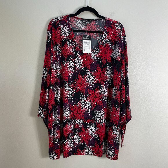 NEW Ulla Popken Womens Plus 28/30 Floral Tunic Top V Neck 3/4 Tie Sleeve Stretch - Picture 1 of 9